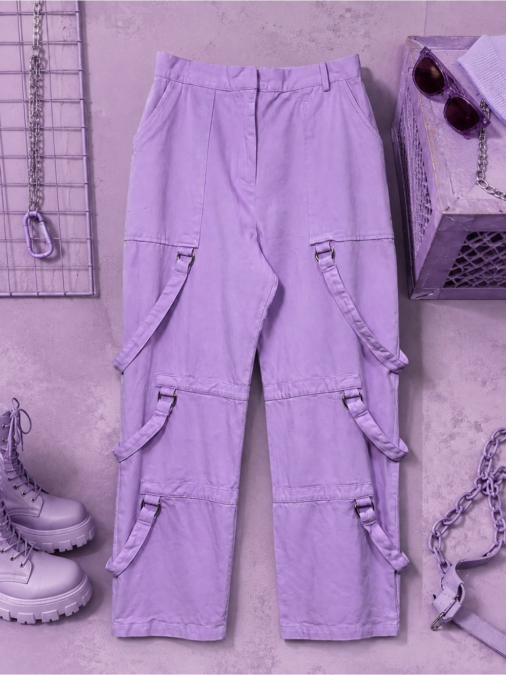 The Ragged Priest Lilac Strappy Cargo Pants D-Ring Y2K Punk Grunge Streetwear